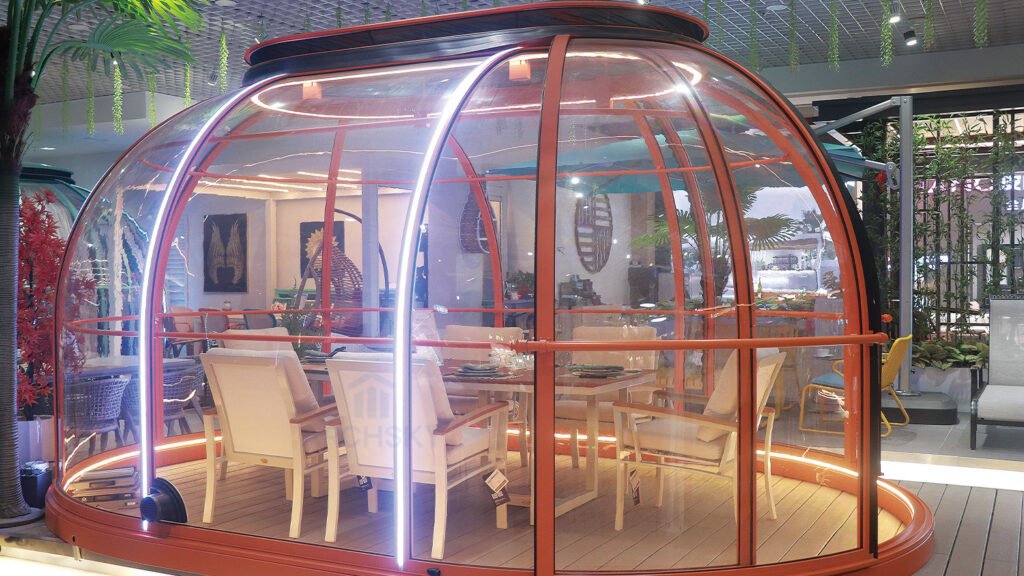 Oval Dome Sunroom Indoor Dining Setting in Modern Decor