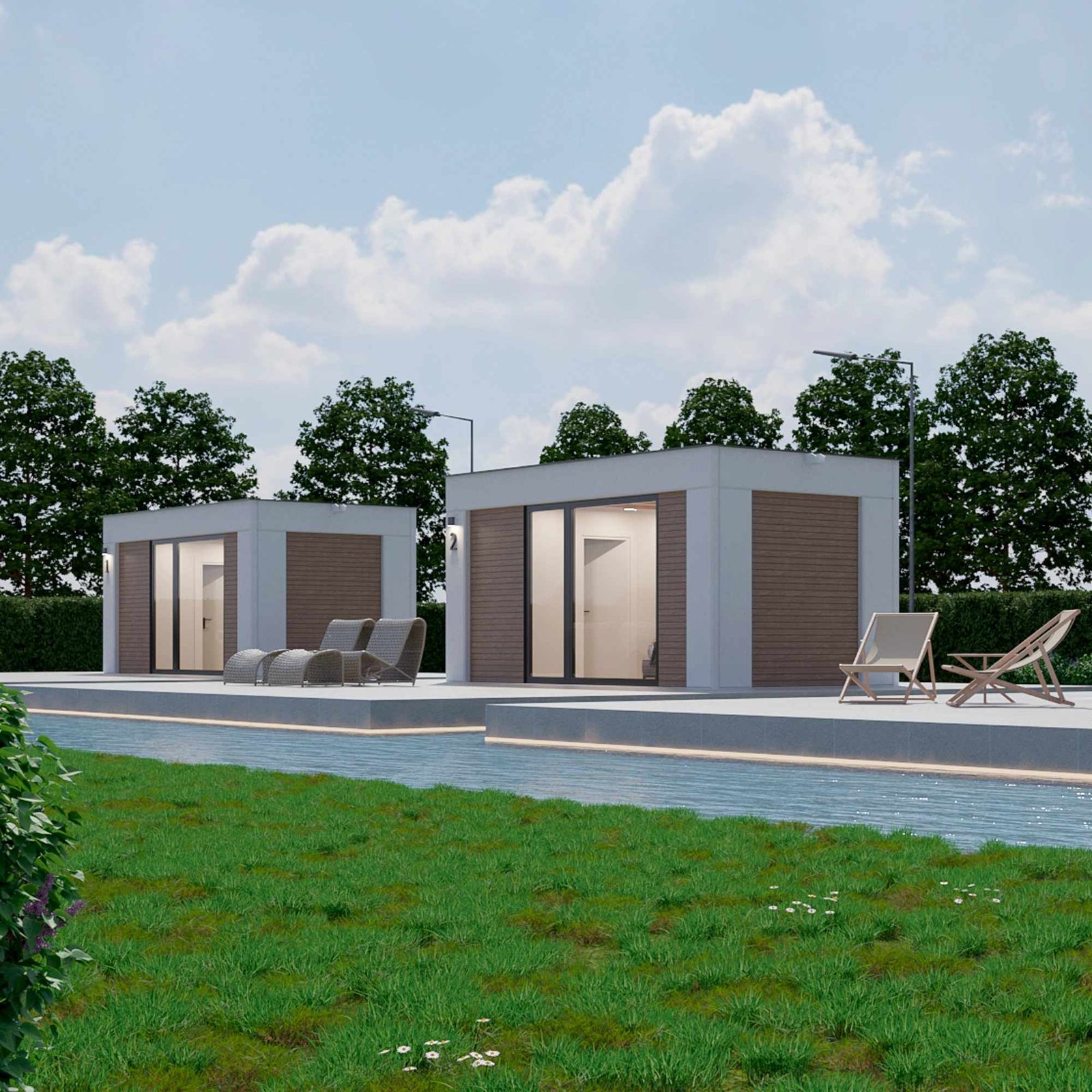 Twin-Prefabricated-Homes-With-Garden-Pool-Setup